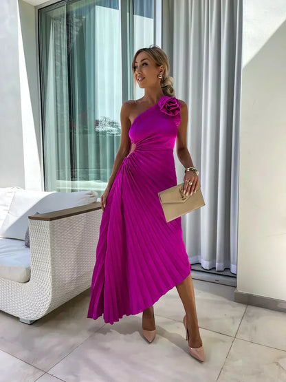 Zaria | Women's One Shoulder Pleated Midi Wedding Guest Dress
