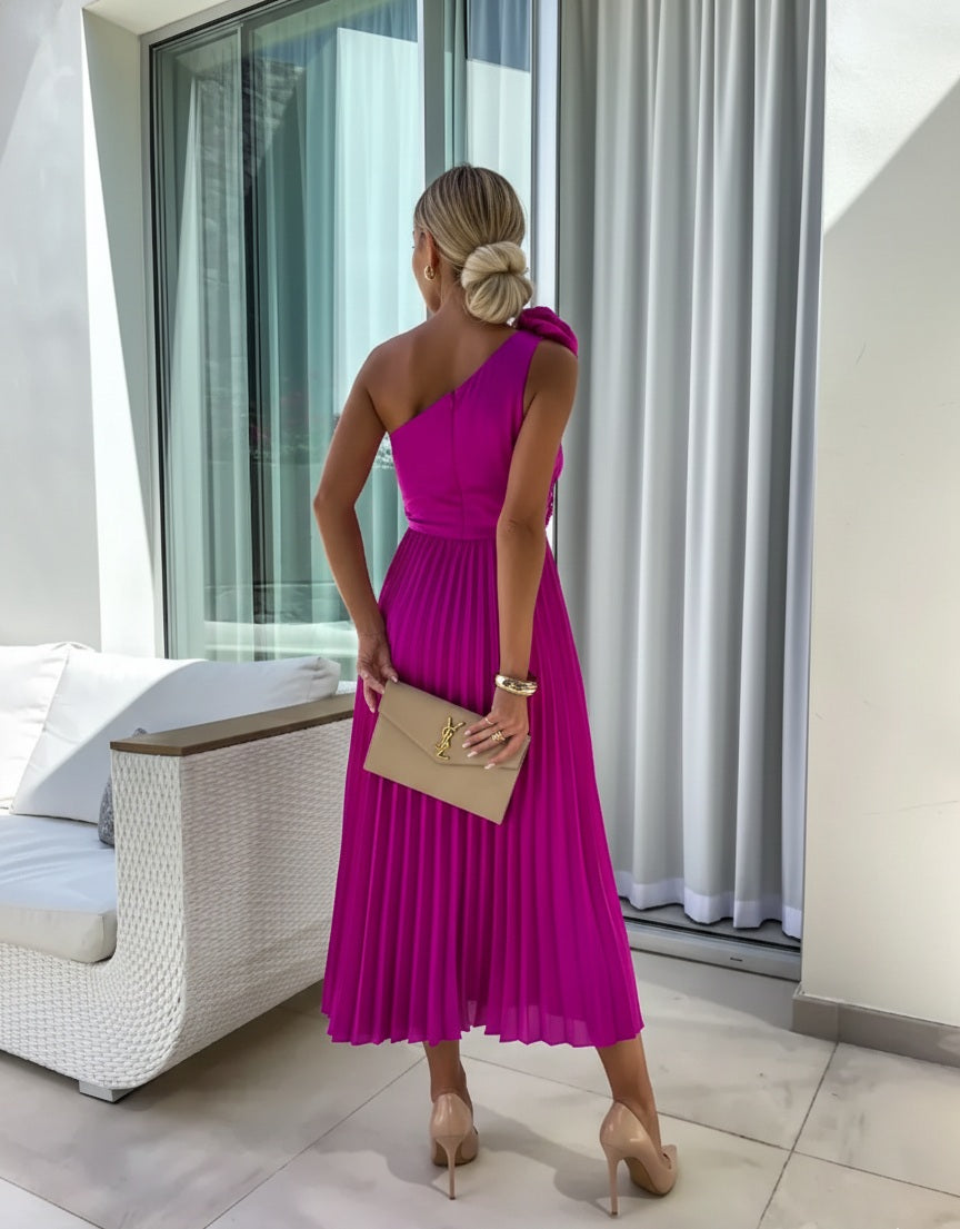 Zaria | Women's One Shoulder Pleated Midi Wedding Guest Dress
